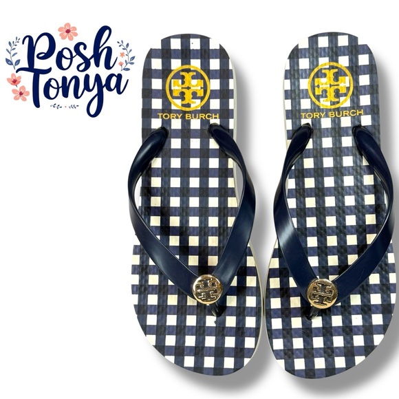 Tory Burch Shoes - Tory Burch Gingham Thong Flip Flops, Casual Beach Resort Navy Blue White, Size 7